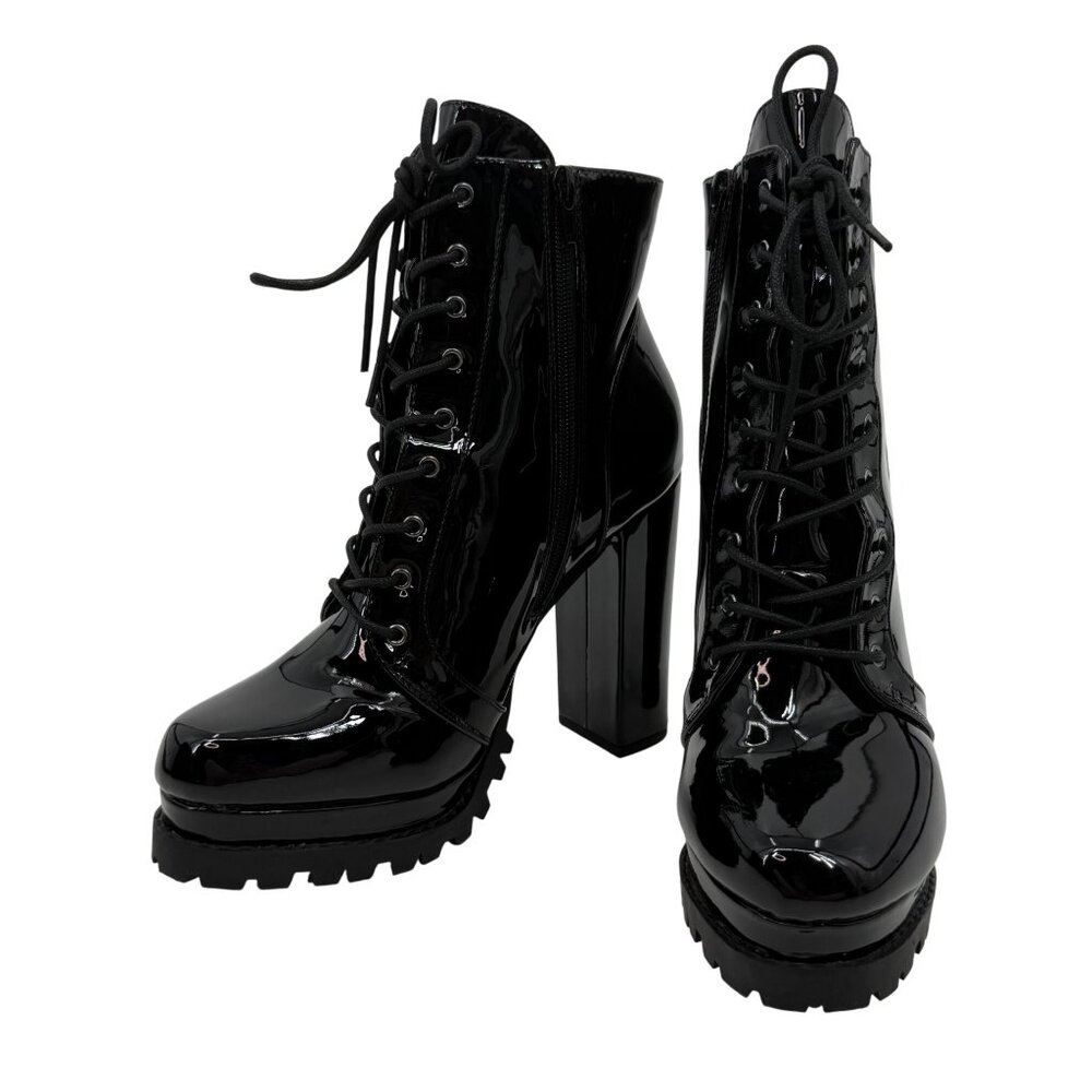 Black Faux Patent Leather Lug Sole Platform Heel Boots 10 | Baddie Dark Romance - Picture 14 of 16